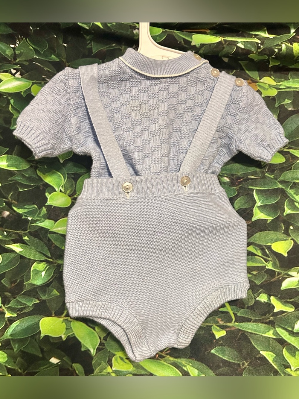Vintage 1980s 2PC Knitted Cotton Romper Set Suspenders Sweater Shorts 6 Months